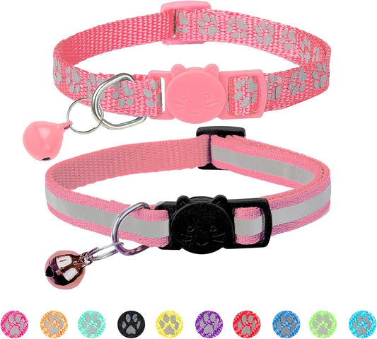 BANMODER 2 Pack Reflective Cat Collar Breakaway with Bell,Personalized Kitten Collars,Adjustable Safety Buckle Collar for Male Cats Girls & Boys (Pink)