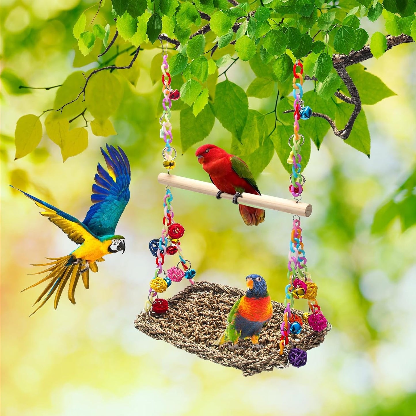 Bird Swing Mat with Wood Perch, AHIER Seagrass Bird Hammock for Conures with Chewing Toy for Parakeets, Budgie, Cockatiel, Lovebird Cage Accessories