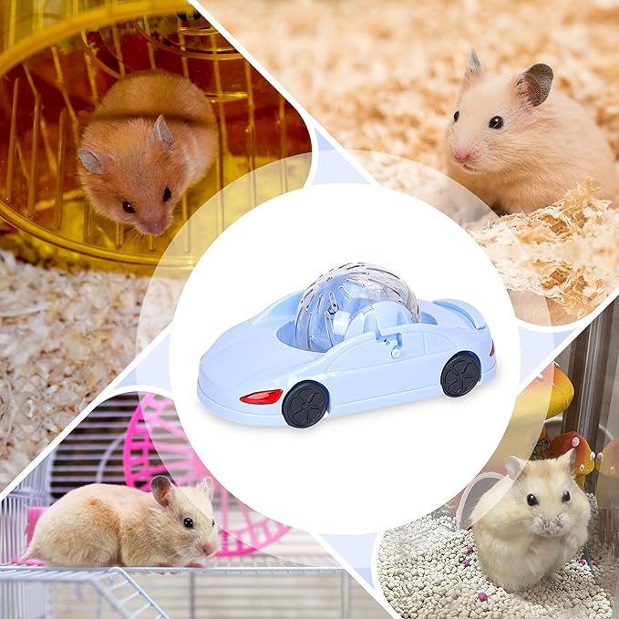 3-in-1 Hamster Car Toy, Silent Dwarf Hamster Running Ball and Exercise Wheel 4.8 Inches, Small Pet Activity Center (Blue)