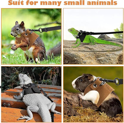 KABASI Bearded Dragon Harness Leash Set, 3 Size Adjustable Lizards Training Walking Leather Vest Escape-Proof Traction Rope for Squirrel and Other Outdoor Small Reptiles (Black)