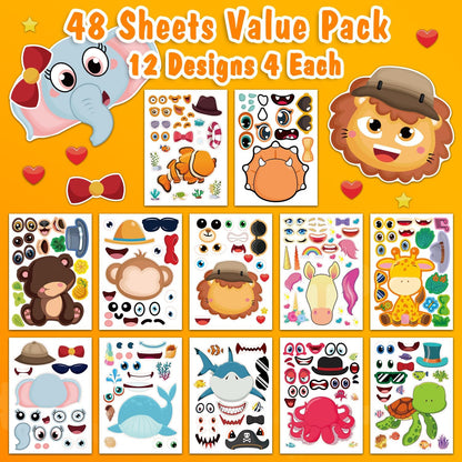 Aowplc 48 Sheets Make-a-Face Animal Stickers Mix and Match for Kids Party Favors Supplies Activities Crafts