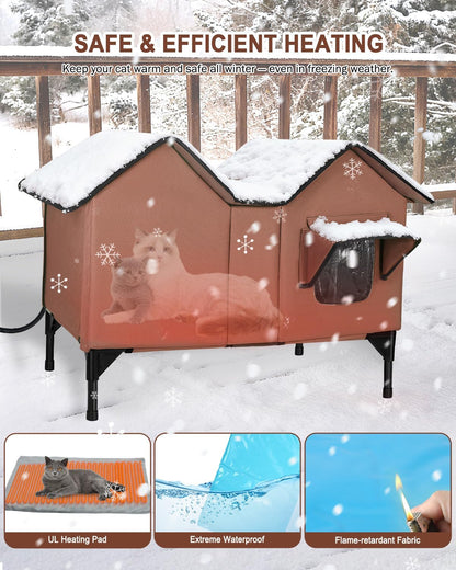 Extra Large Heated Cat House for Outside in Winter, Elevated Heated Outdoor Cat House Weatherproof with Heating pad, Insulated Outdoor Cat Shelter for Multiple Cats Small Dogs (Brown)