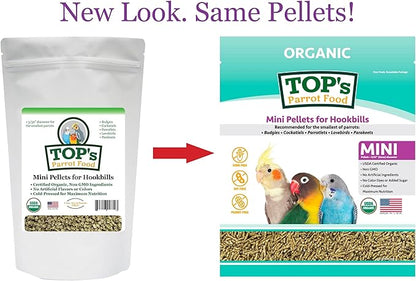 TOP's Parrot Food Mini Pellets Bird Food for Budgies, Cockatiels, Parrotlets, Lovebirds, Parakeets - Non-GMO, Peanut Soy & Corn Free, USDA Organic Certified - 1 lb