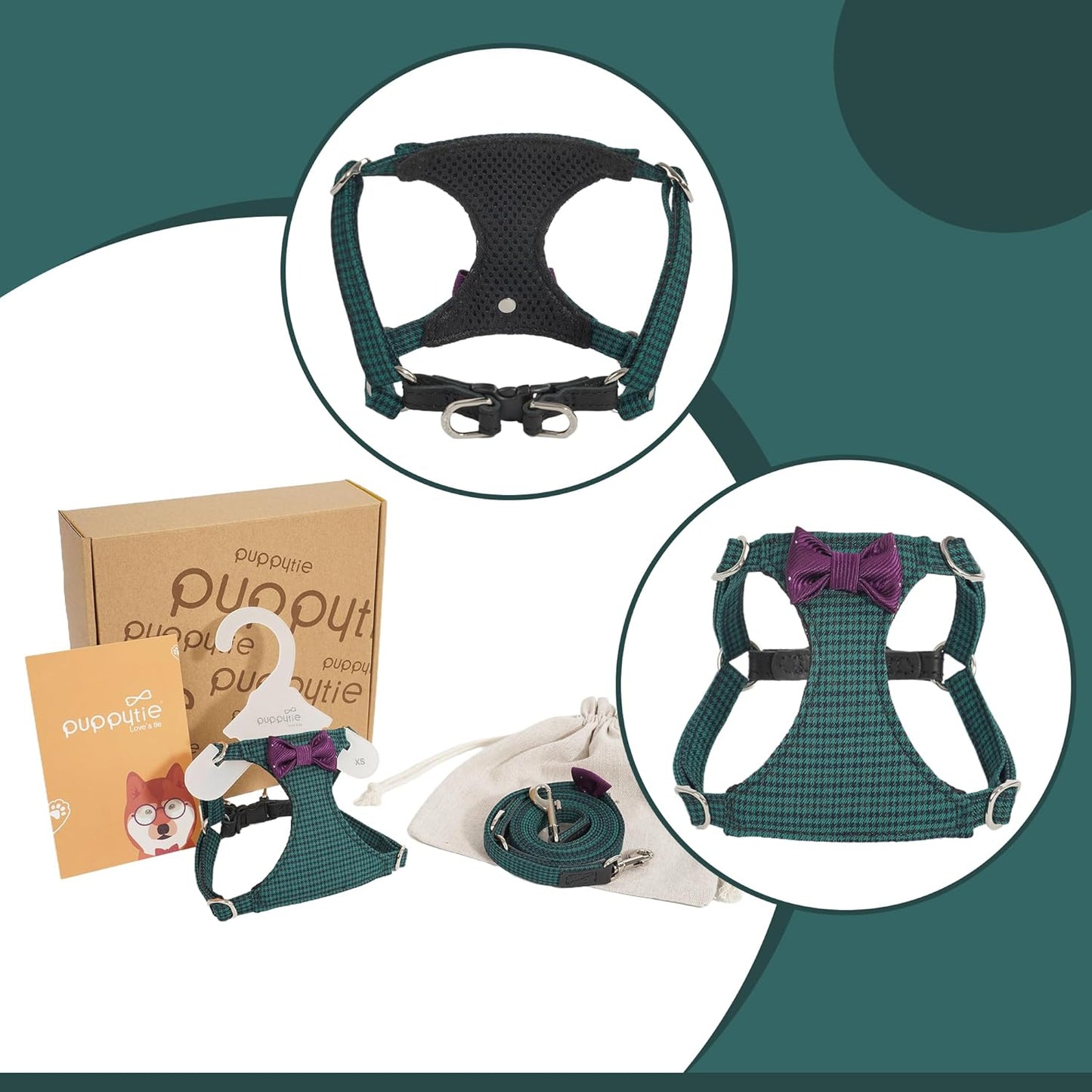 Puppytie No Pull Small Dog Harness with Multifunction Dog Leash,Lightweight Soft Adjustable No Choke Escape Proof Pet Harness Vest Pet Harness Vest,Plaid Green,S