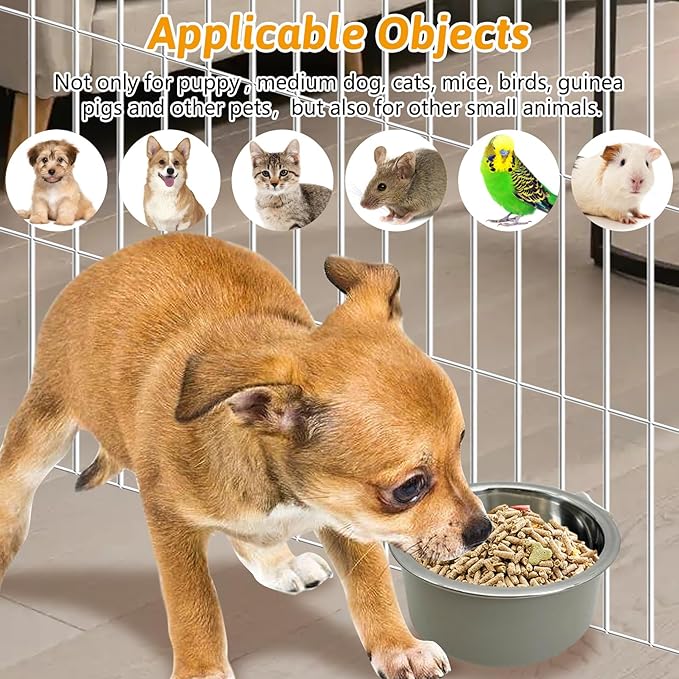 Hamiledyi Crate Dog Bowl Cat 2 Pcs Removable Stainless Steel Hanging No Spill Pet Bowl for Kennels Durable Detachable Design Fits Small Medium Dog Cages (Grey