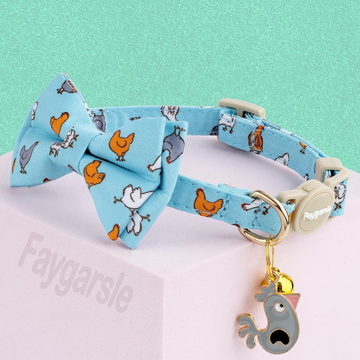 Faygarsle 2 Pack Chicken Pattern Cat Collar Set with Bandana and Bowtie, Light Blue, Breakaway Safety Clasp with Bell