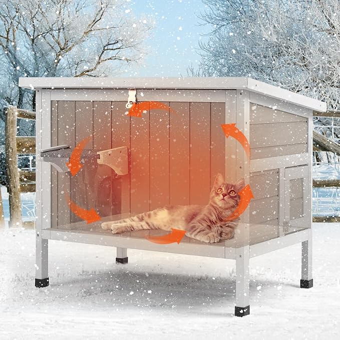 PetsCosset Insulated Cat House Outdoor Weatherproof Feral Cat Shelter for Winter, All-Round Foam Insulation Wooden Pet House for Outdoor Cat with Raised Base, Openable Roof (30.7"L x 21.7"W x 25.6"H)