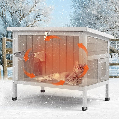 PetsCosset Insulated Cat House Outdoor Weatherproof Feral Cat Shelter for Winter, All-Round Foam Insulation Wooden Pet House for Outdoor Cat with Raised Base, Openable Roof (30.7"L x 21.7"W x 25.6"H)