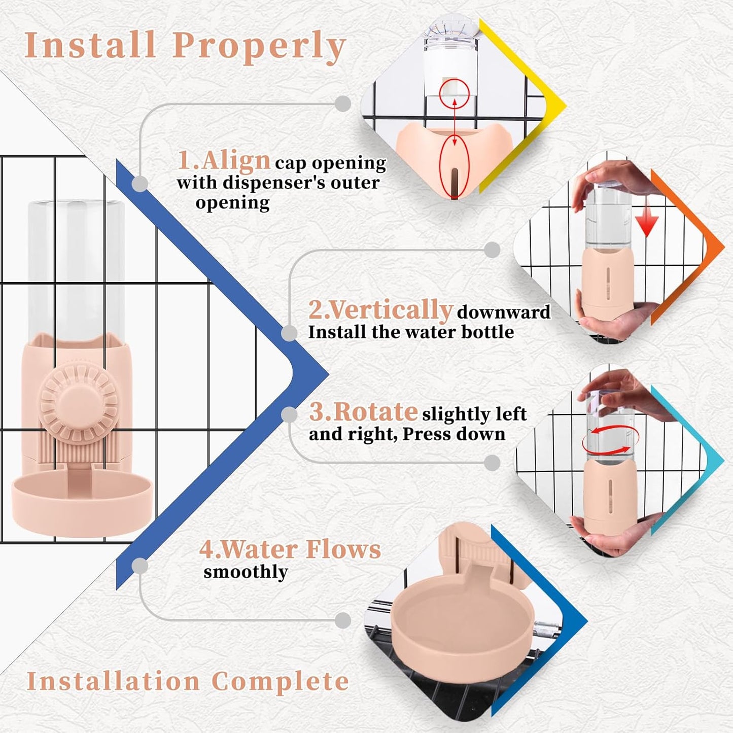 Hanging Automatic Rabbit Water Bottle, Guinea Pig Water Bottle No Drip, Gravity Cage Water Dispenser for Bunny Ferret Waterer Small Animals (Pink)