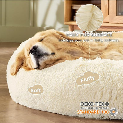 Bedsure Calming Dog Bed for Extra Large Dogs - Donut Washable Large Pet Bed, Anti-Slip Round Fluffy Plush Faux Fur Dog Bed, Fits up to 120 lbs Pets, Ivory Beige, 45 inches