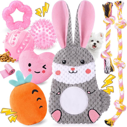 Zeaxuie Pink Puppy Toys for Teething - 9 Pack Small Dog Set With Chew, Squeaky Crinkle, Treat Ball and Interactive Rope for Puppies