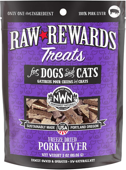 Northwest Naturals Raw Rewards Freeze-Dried Pork Liver Treats for Dogs and Cats - Bite-Sized Pieces - Healthy, 1 Ingredient, Human Grade Pet Food, All Natural, Proudly Made in USA, 3 Oz