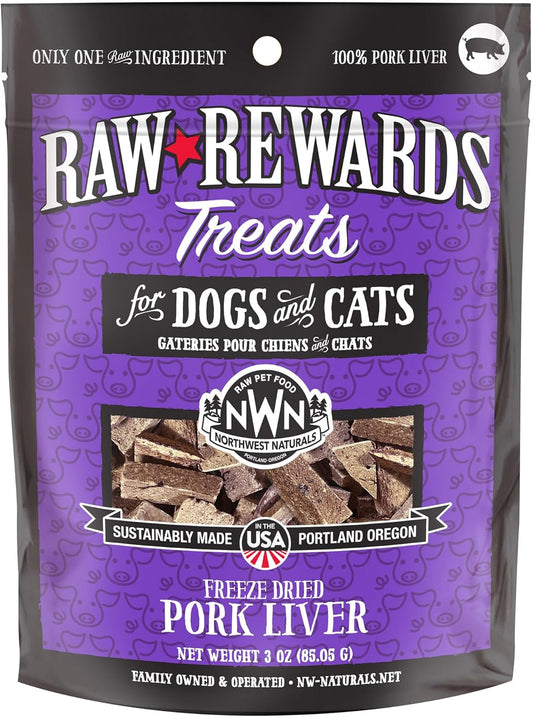 Northwest Naturals Raw Rewards Freeze-Dried Pork Liver Treats for Dogs and Cats - Bite-Sized Pieces - Healthy, 1 Ingredient, Human Grade Pet Food, All Natural, Proudly Made in USA, 3 Oz