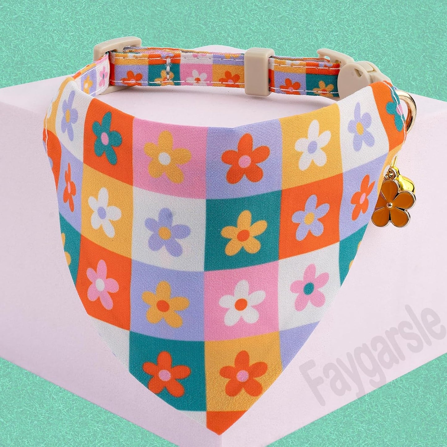Faygarsle 2 Pack Floral Pattern Cat Collar Set with Bandana and Bow Tie, Breakaway Safety Buckle, Colorful Checkered Design