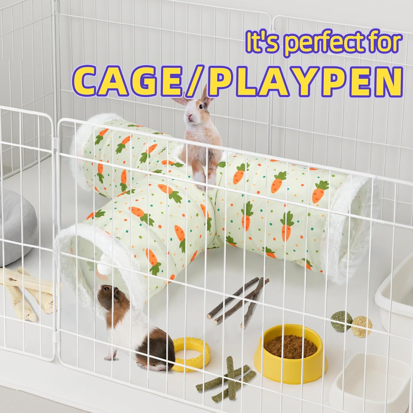 Bunny Tunnels & Tubes Collapsible 3 Way Rabbit Hideout with 13pcs Toys for Bunny Guinea Pig Hamster Chinchilla Hedgehog Rat Ferret Kitten (Fleece Carrot)