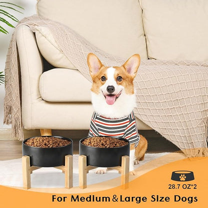 SPUNKYJUNKY Ceramic Elevated Dog Bowls 2 Pack - 6.1inch Raised Dog Bowls with Non-Slip Wooden Stand for Medium Dogs Dishwasher Safe(Black,28.7OZ*2)