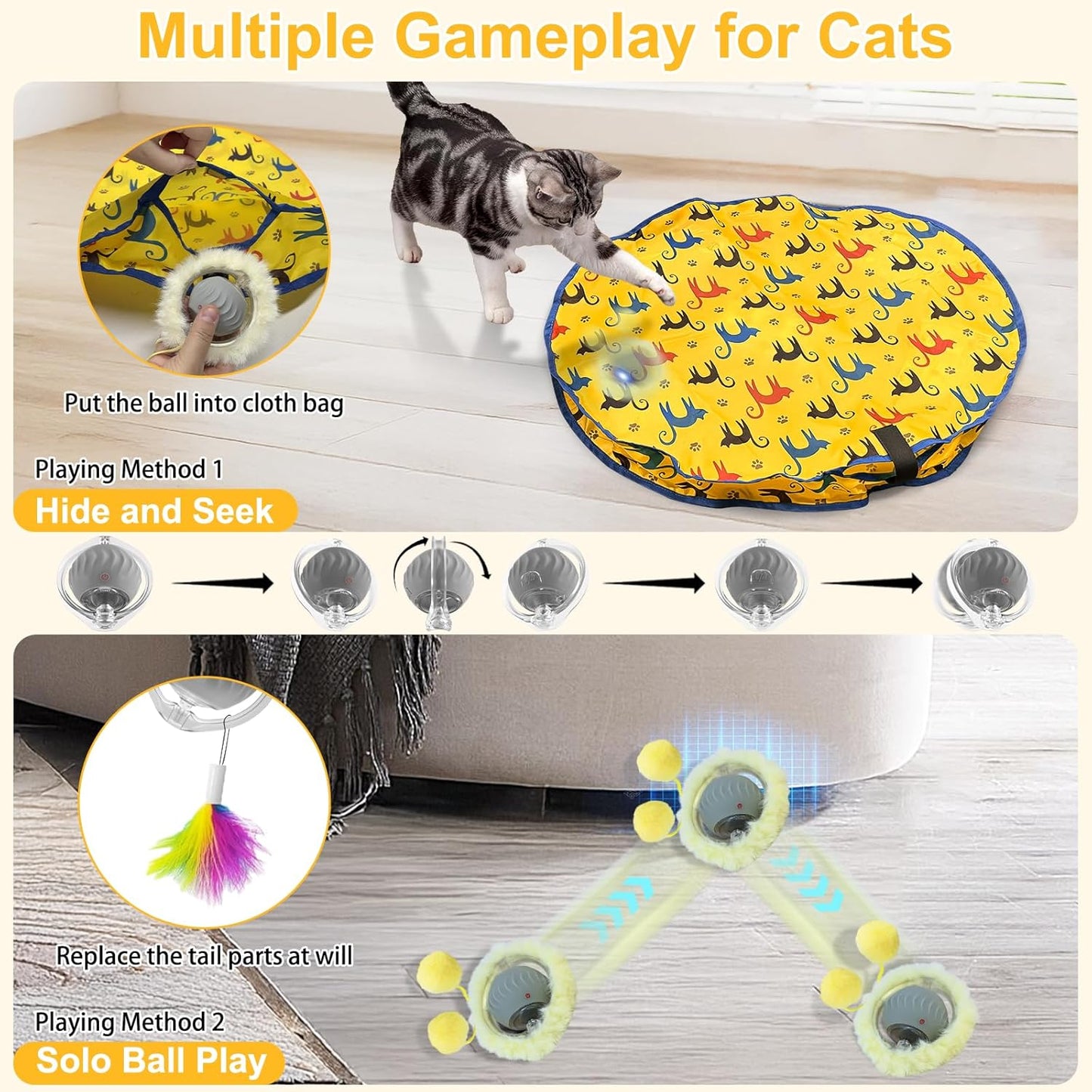 Interactive Cat Toys for Indoor Cats, Automatic Motion Cat Toy in Pouch Fast Rolling Ball in Play Mat Hide and Seek Mouse Catching Game with Chirping Stimulation,Led Light,Auto On/Off(Yellow)