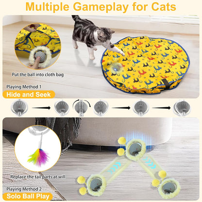 Interactive Cat Toys for Indoor Cats, Automatic Motion Cat Toy in Pouch Fast Rolling Ball in Play Mat Hide and Seek Mouse Catching Game with Chirping Stimulation,Led Light,Auto On/Off(Yellow)