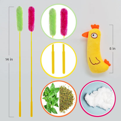 Interactive Cat Toy, A Chicken Catnip Toy and Pink & Green Plush Cat Teaser Wand Toys - Funny, Entertaining, and Stimulating Indoor Cats and Kittens Toys, 3-Piece Set