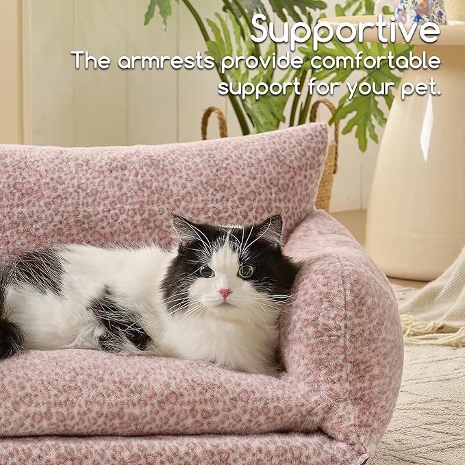 Hollypet Cat Bed Fluffy Plush Mutifuctional Double-Layer Soft Pet Couch Orthopedic Sofa Nest Beds for Small Cats and Dogs, Pink Leopard (25x20x13 inch)