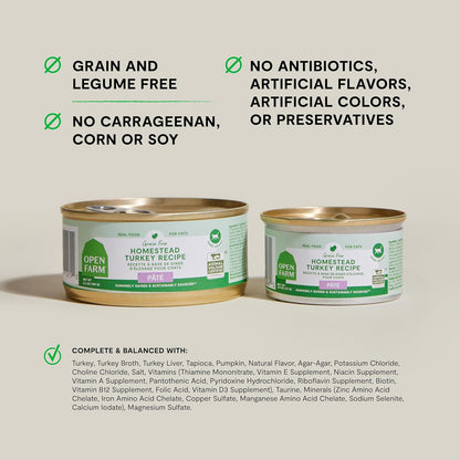 Open Farm Canned Cat Food, Pate for Complete & Balanced Nutrition, Grain Free and Legume-Free Wet Cat Food, Homestead Turkey Recipe, 2.8oz Cans (Case of 18)
