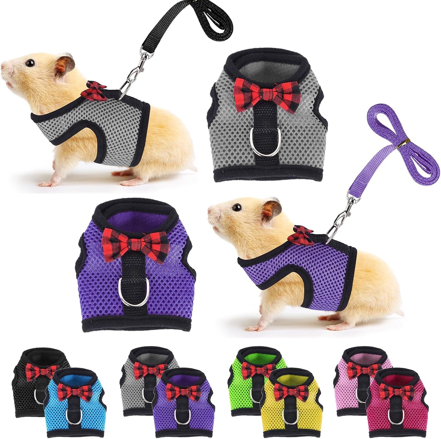 Guinea Pig Harness and Leash, Guinea Pigs Harness, Guinea Pig Leash, Hamster Harness can be Adjusted to Any Size Soft Mesh Harness Leash with Bow for Decoration (2packs)