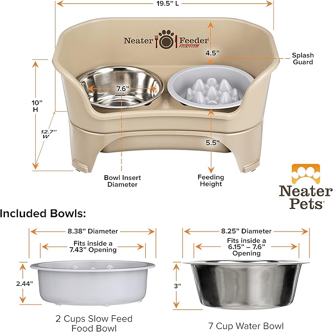 Neater Feeder Express Mess Proof Dog Bowls Elevated for Medium and Large Breed – Made in USA – No Spill Raised Slow Feeder Elevated Dog Bowl Stand, Slow Feed Food and Water Bowl Set, Almond