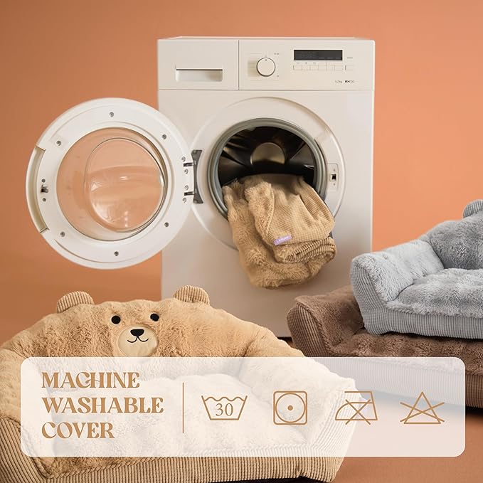 LE SURE Cute Cat Couch for Pets - Fluffy Original Bear Design for Small Dog Bed, Supportive Dog Couch with Removable Washable Cover, Puppy Bed for Small and Medium Dogs, 28inch, Pastel Grey