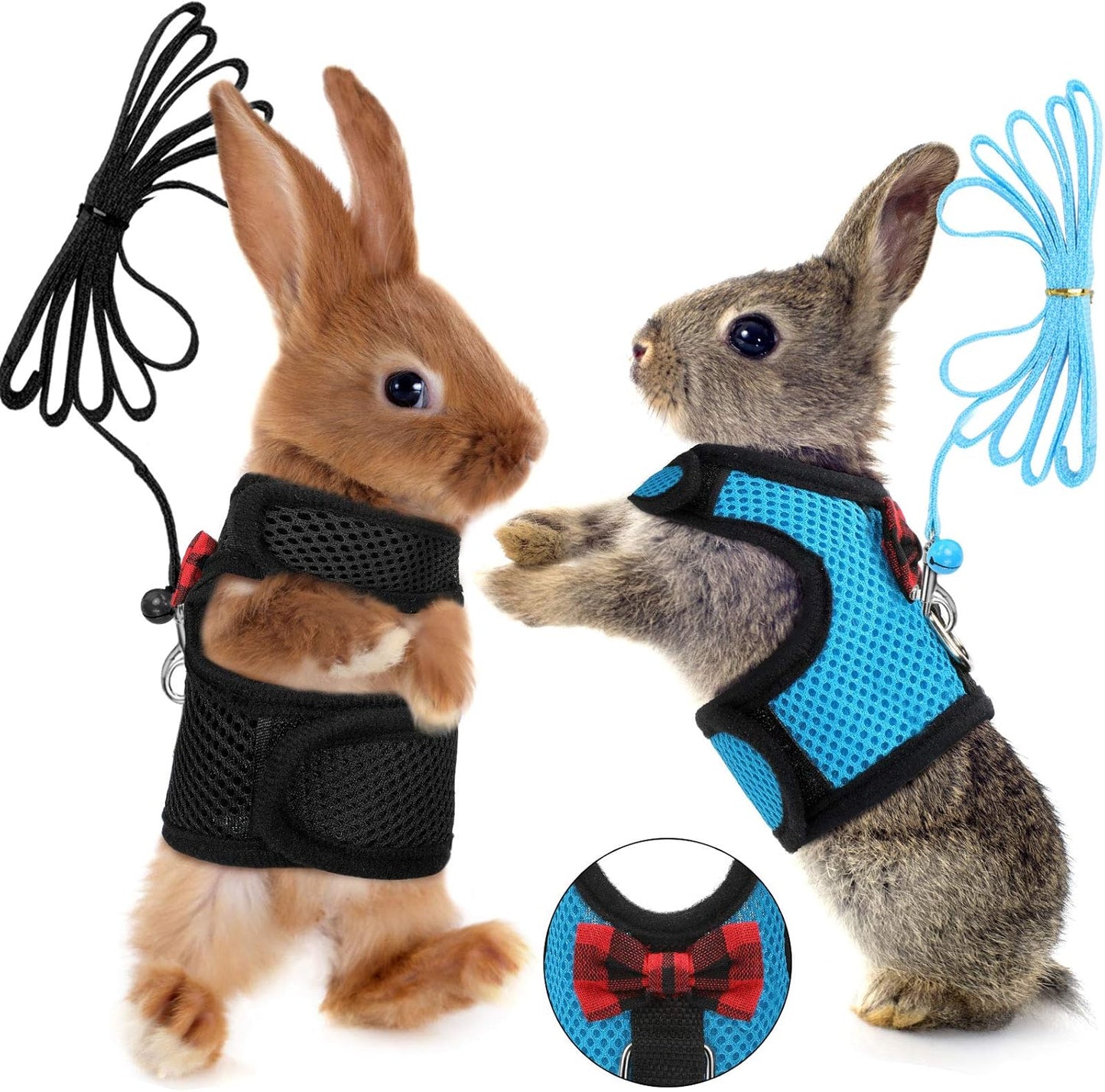 SATINIOR 2 Pieces Guinea Pig Bunny Harness Soft Mesh Hamster Rat Leash with Safe Bell, Ferret Pig Clothes and Leash Set for Hamster Ferrets Rats Bunny Guinea Chinchilla Teacup Chihuahua(M,Blue, Black)