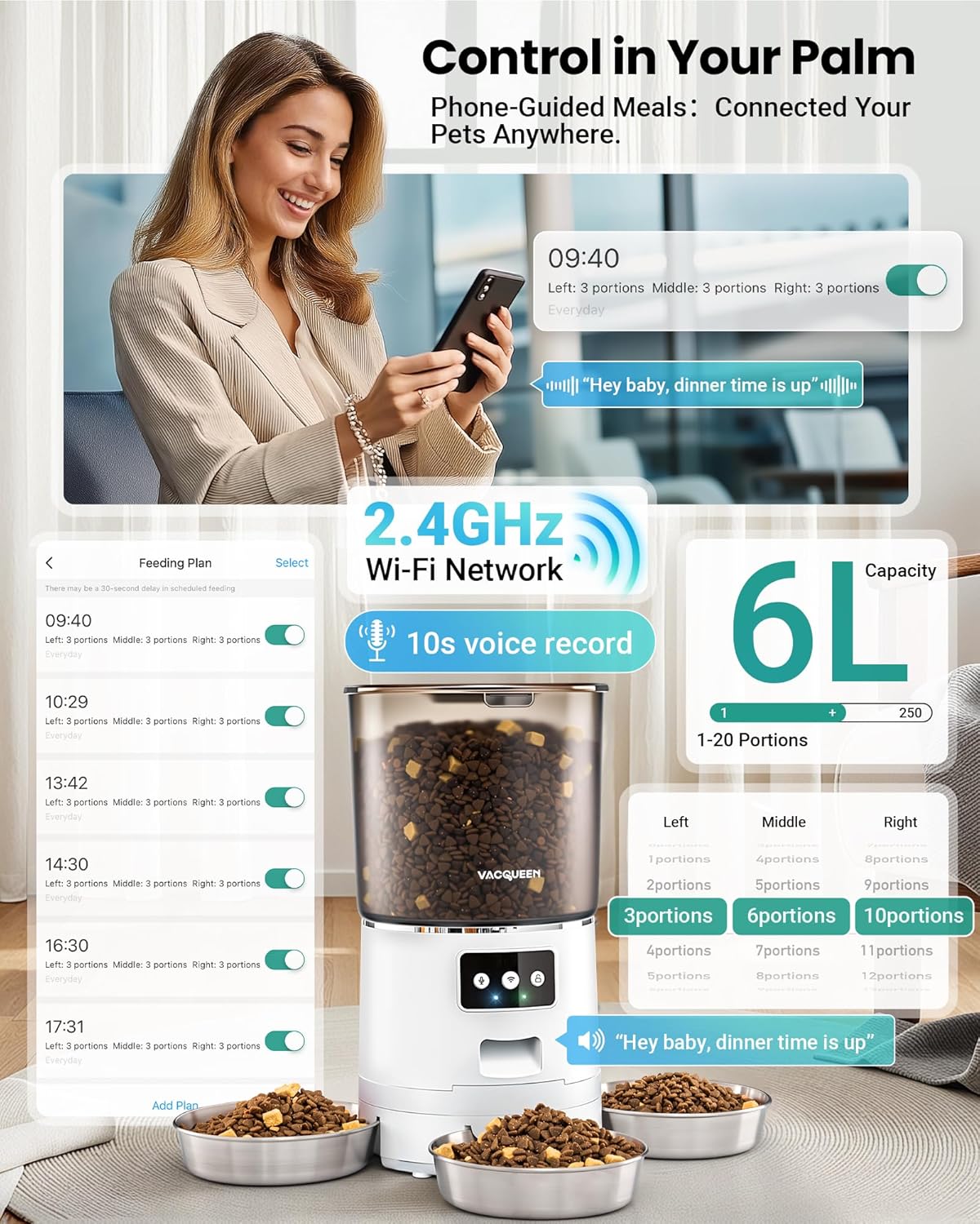 Automatic Cat Feeder for 3 Cats, 6L/25 Cup Cat Food Dispenser with Strong Anti-Jam System, Dual-Effect Desiccant, Smart WiFi App Control Pet Feeder, Automatic Dog Feeder for Cats and Small Dog