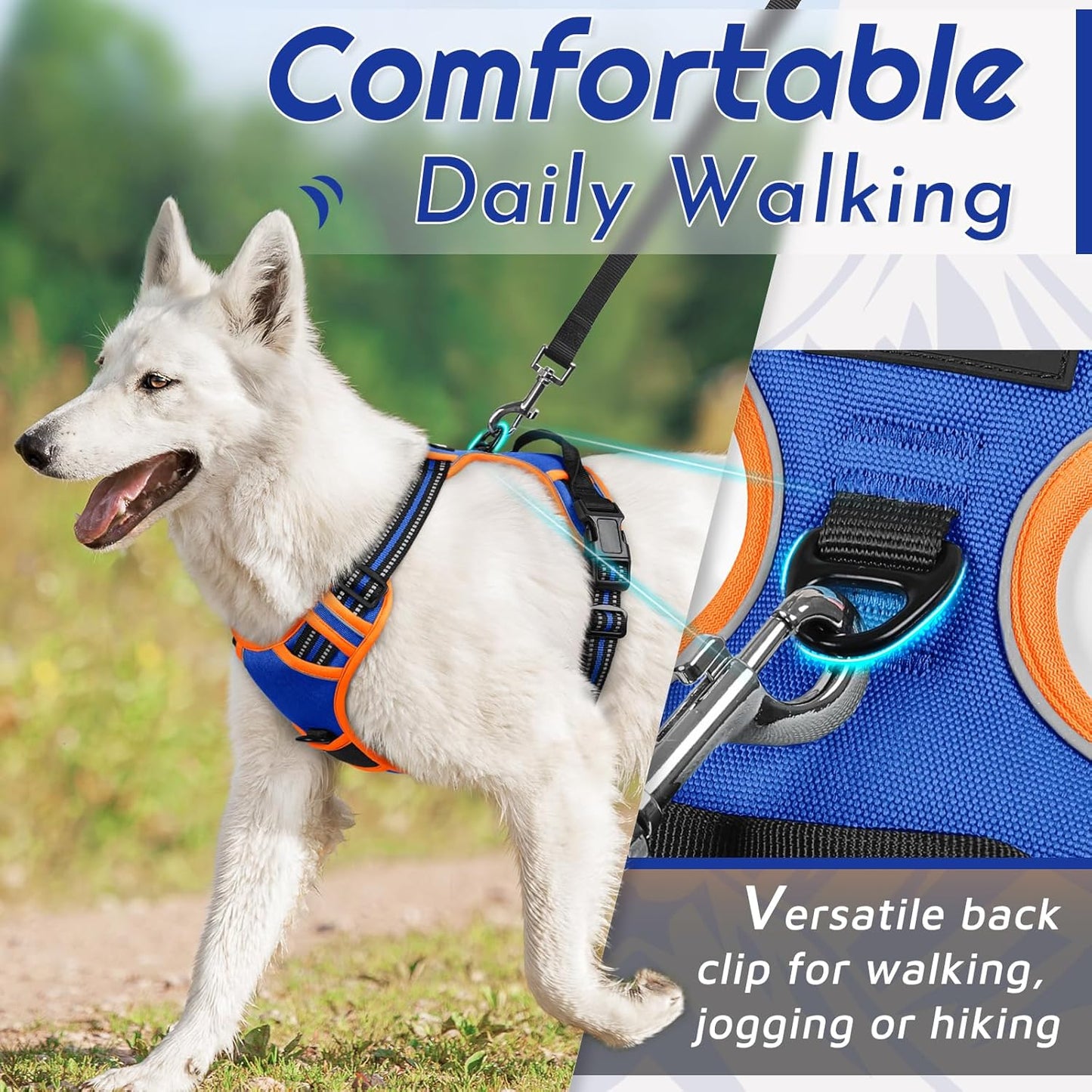 Eagloo Dog Harness for Large Dogs, No Pull Service Vest with Reflective Strips and Control Handle, Adjustable and Comfortable for Walking, No Choke Pet Harness with 2 Metal Rings, Blue & Orange, L