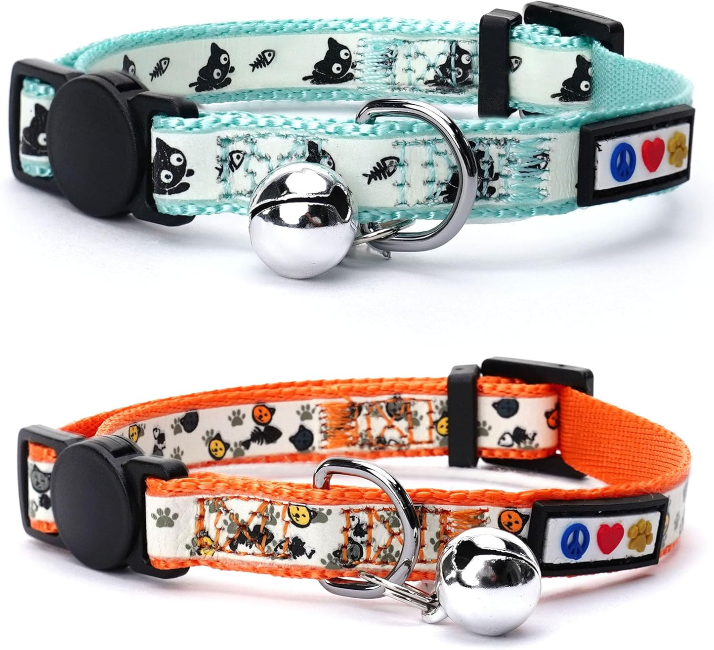 Pawtitas Glow in The Dark Cat Collar Set of 2 with Safety Buckle and Removable Bell Cat Collar Kitten Collar Teal Cat Collar + Orange Cat Collar