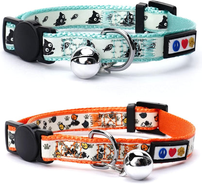 Pawtitas Glow in The Dark Cat Collar Set of 2 with Safety Buckle and Removable Bell Cat Collar Kitten Collar Teal Cat Collar + Orange Cat Collar