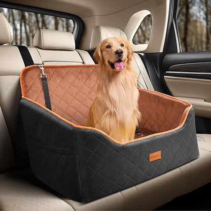 Dog Car Seat for Medium Dogs - Pet Car Seat with 2 Safety Straps & Waterproof Padding, Portable Pet Carrier for Cars, Trucks & SUVs, Comfortable Booster Bed for Pets Up to 55lbs (Black/Coffee)