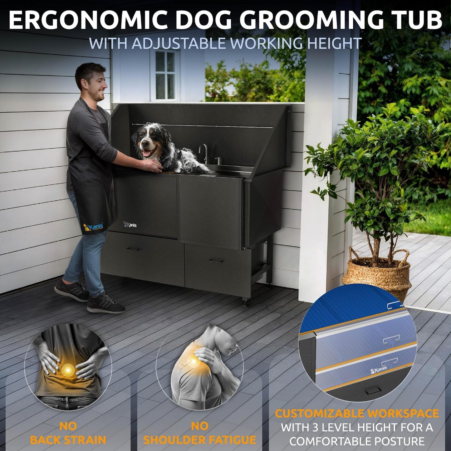 KANIS Black Line Professional Dog Washing Station - 304 Stainless Steel Pet Wash Sink & Grooming Bathtub w/Shower, Floor Grates and Storage for Large, Medium & Small Pets (61", 2 Drawers - Right Ramp)