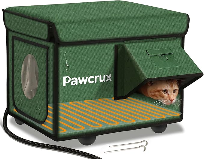 Weatherproof Heated Cat House for Outdoor in Winter, Heated Cat Bed Kitty Shelter with Cat Heating Pad, Insulated & Safe Escape Door, Warm Home for Outside Stray Cat