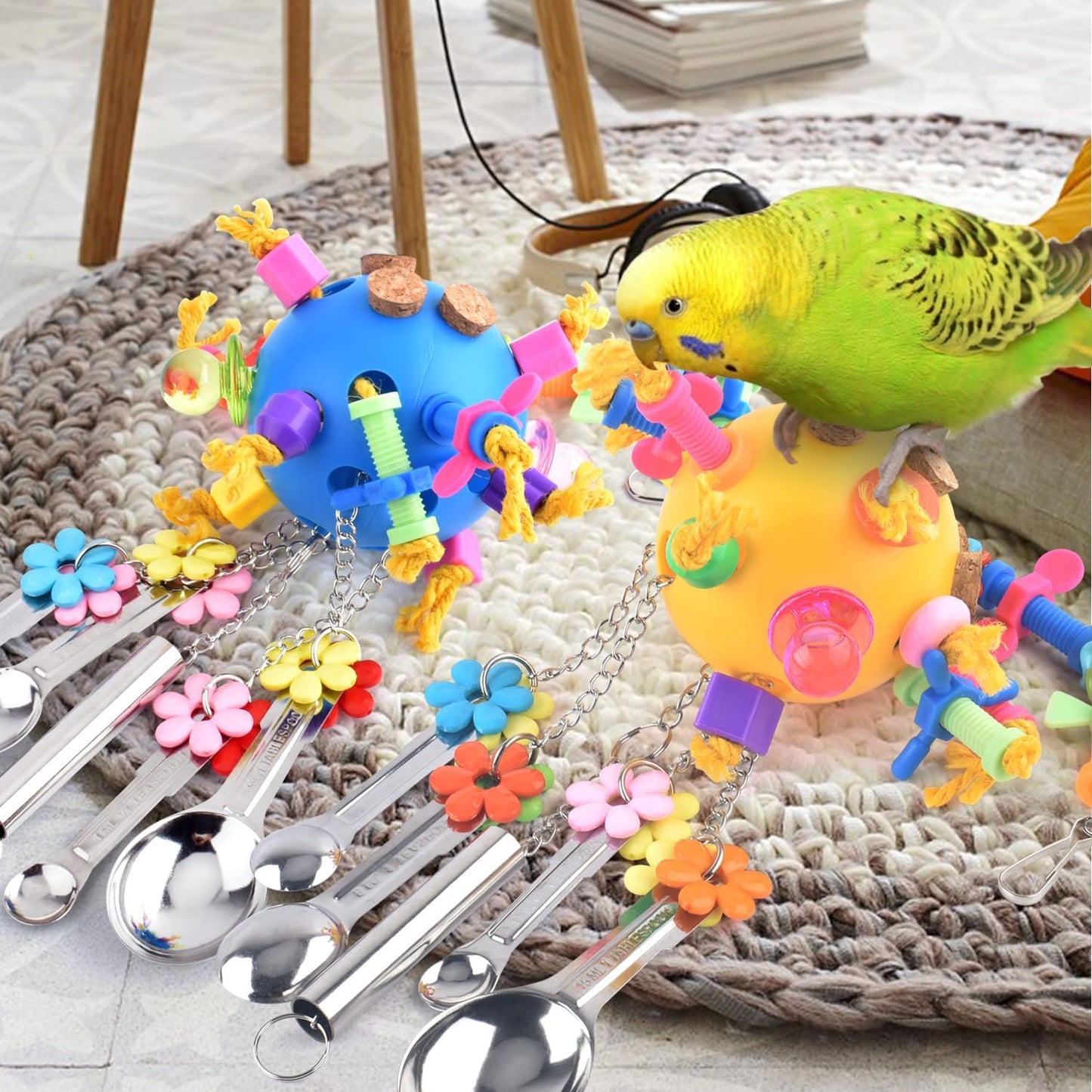 KATUMO Bird Toys, 2PCS Parrot Pull Spoons Colorful Acrylic Stick Chew Toys for Amazon Parrot, Parakeet, African Grey, Conure, Caique, Quaker, Small Cockatoo, Mini Macaw, Eclectus and Similar Birds
