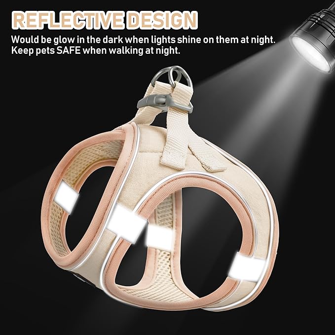 GAMUDA Small Pet Harness Collar and Leash Set, Step in No Chock No Pull Linen Fabric Soft Mesh Dog Vest Harnesses Reflective for Dogs Puppy Cats Kitten Rabbit (Khaki, M)