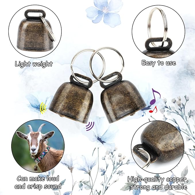 5 Pack Goat Collars with Bells, Horse Sheep Grazing Copper Bells and Adjustable Nylon Collar Set Pet Anti-Lost Loud Bronze Bell for Small Farm Animal Sheep Goat Cow Accessories(Floral)