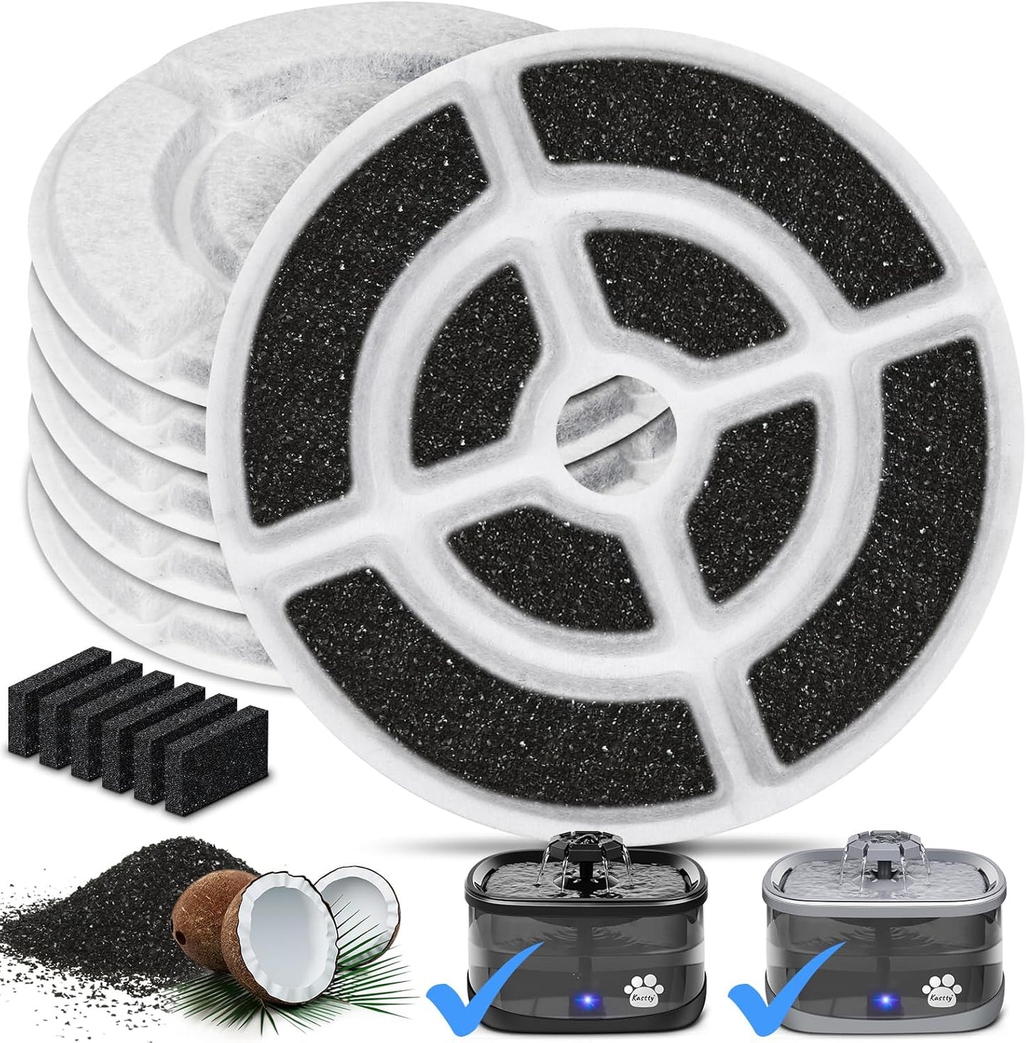 Kastty 6 Pack 18CM Larger More Activated Carbon Replacement F-ilters for 9L Large Dog Water Fountains, Food Grade, Made of Coconut Activated Carbon and PP Cotton, 6 + 6 P ump F ilters