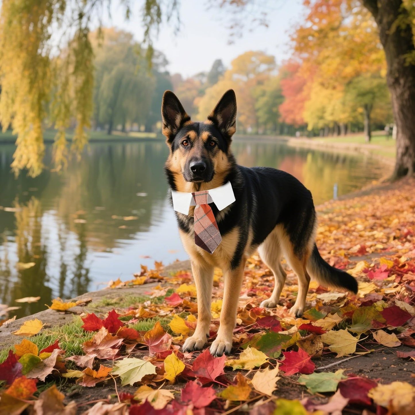 ADOGGYGO Fall Dog Necktie, Halloween Thanksgiving Pet Tuxedo, Orange Plaid Fall Neck Tie Collar for Large Dogs (Large)