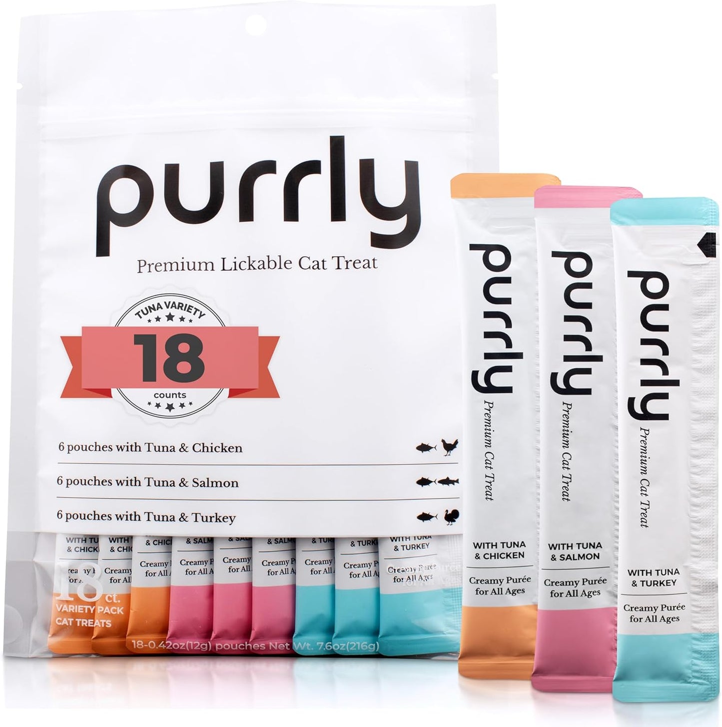 Purrly Cat Treat Snack Wet Lickable Low Calorie Healthy Grain-Free Tuna Variety Packs (18 Count) Squeezable Creamy Purée with Human-Grade Proteins and Functional Nutrients No-Artificial-Additives