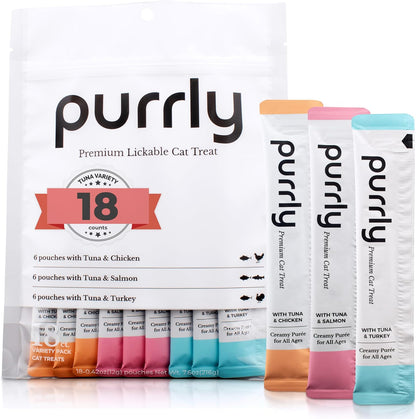 Purrly Cat Treat Snack Wet Lickable Low Calorie Healthy Grain-Free Tuna Variety Packs (18 Count) Squeezable Creamy Purée with Human-Grade Proteins and Functional Nutrients No-Artificial-Additives