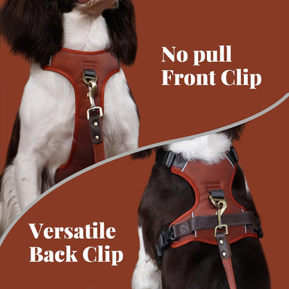 No Pull Dog Harness Small Sized Dog,Stylish PU Leather Vest with Easy Control Handle,No Choke Front Clip with 2 Metal Leash Clips,Reflective & Adjustable for Walking,Brown,Chest 19-24"