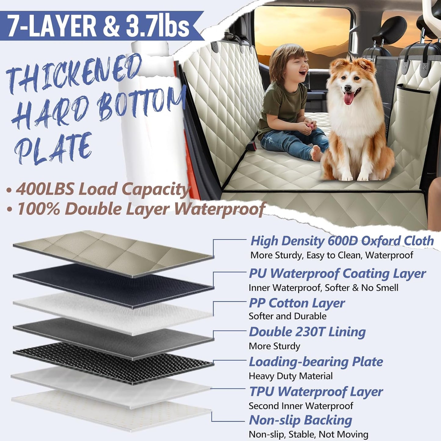 Back Seat Extender for Dogs Truck-Large Space, Pet Seat Cover Back Seat Hard Bottom Holds 400lbs, Waterproof Dog Hammock for Crew Cab Trucks F150, RAM1500, Sierra, Tundra, Silverado