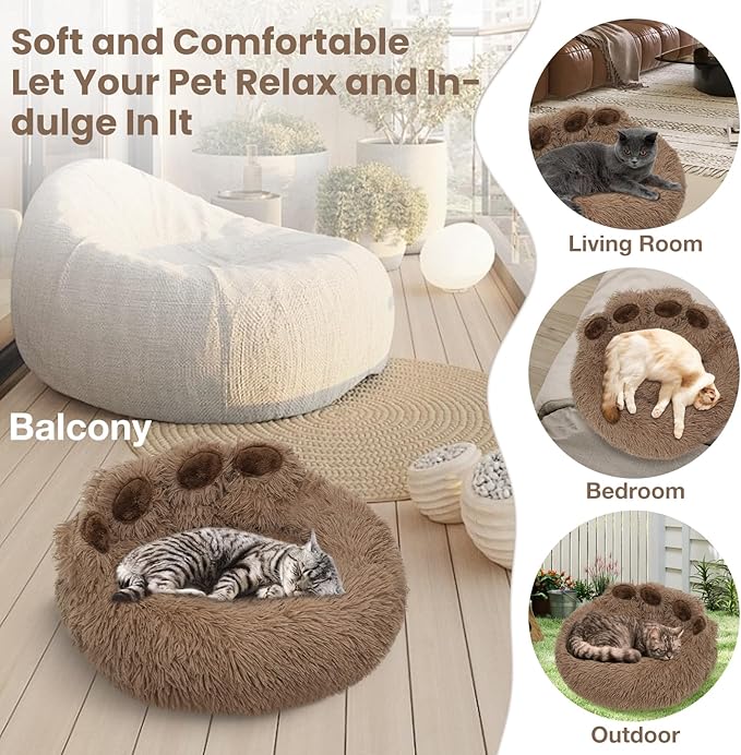 Calming Dog Bed Cat Bed Medium Size Dog - Donut Washable Medium Pet Bed, Warm Kitten Nest 24 inches Anti-Slip Round Fluffy Plush Faux Fur Cat Bed, Fits up to 25 lbs Pets, (Classic Camel)
