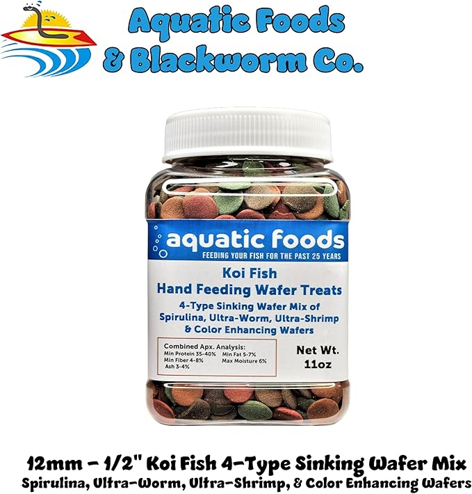 Aquatic Foods Inc. Koi Fish, Hand Feeding 12mm - 1/2" 4-Type Sinking Wafer Treats, Teach Your Koi to Eat Out of Your Hands…11oz Small Jar