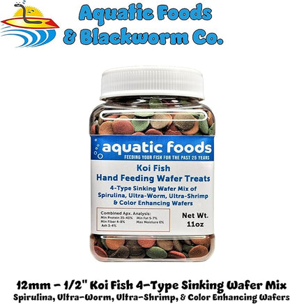 Aquatic Foods Inc. Koi Fish, Hand Feeding 12mm - 1/2" 4-Type Sinking Wafer Treats, Teach Your Koi to Eat Out of Your Hands…11oz Small Jar