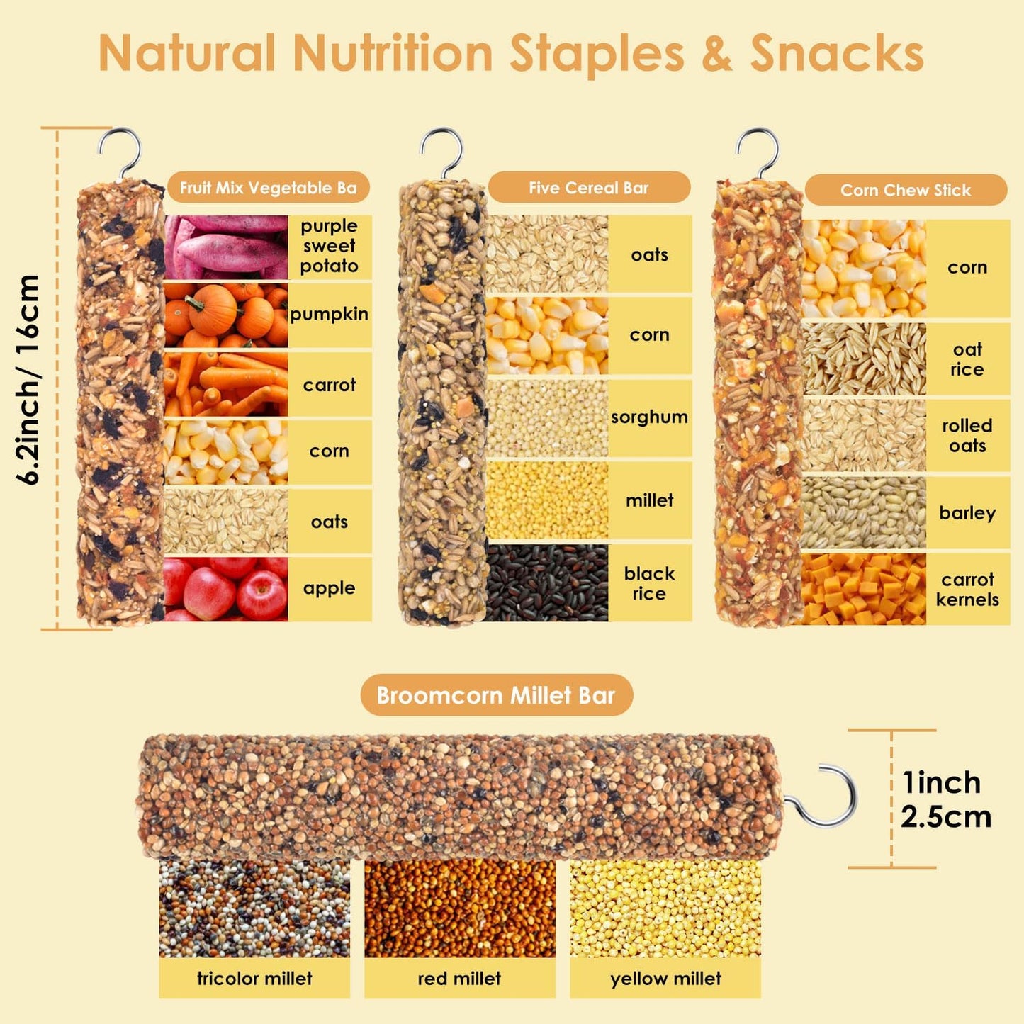 KATUMO Parrot Treats 4 PCS Bird Crunch Sticks Cockatiel Treats Parakeet Snacks Conure Food Sticks for Parakeet Cockatiel Canary Finch Lovebird Conure Lorikeet Parrots