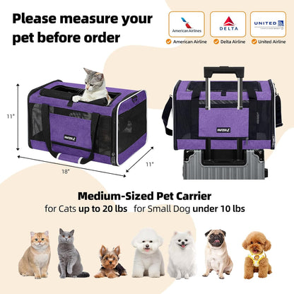 Cat Carrier Soft-Sided 18x11x11 Inch Travel Bag for Medium Cats over 15lbs, Small Dog Carrier Crate Top Entry Breathable Mesh Puppy 12 Pounds, Pet Rabbit Carrying Cage Kennel Collapsible Purple